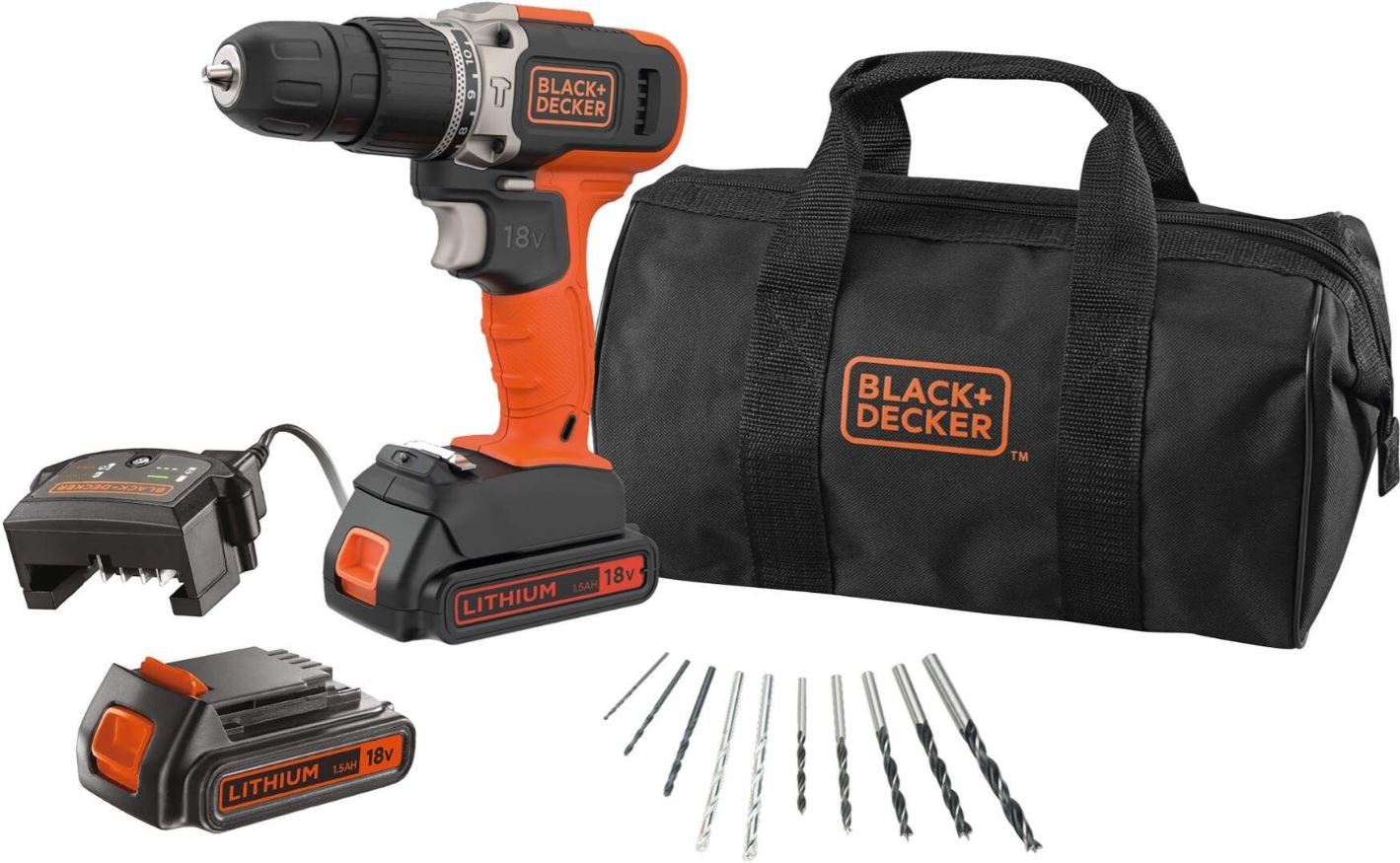 BLACK+DECKER BCD003BA10S Akku Schlagbohrschrauber 18V 2 Akkus Zubehör 10-tlg Werkzeugtasche