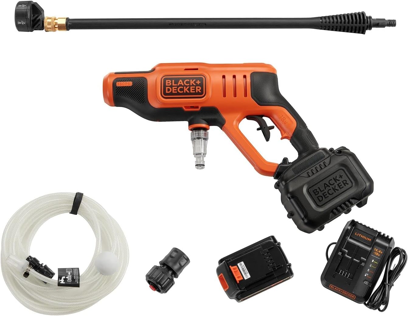 BLACK+DECKER BCPC18D1 Akku Hochdruckreiniger 18V 2Ah 24 bar 5-in-1 Mul­ti­funk­ti­ons­dü­se