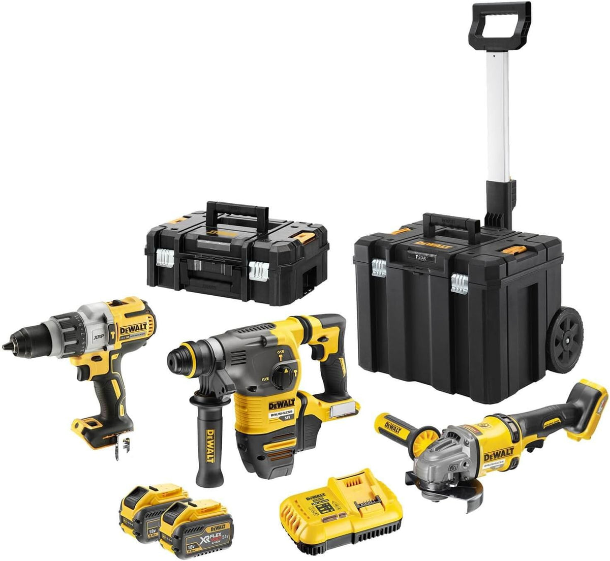DeWALT DCK358X2T DCD996 Akku Schlagbohrschrauber + DCH333 Kombihammer SDS-plus + DCG414 Winkelschleifer 54V 9Ah Koffer