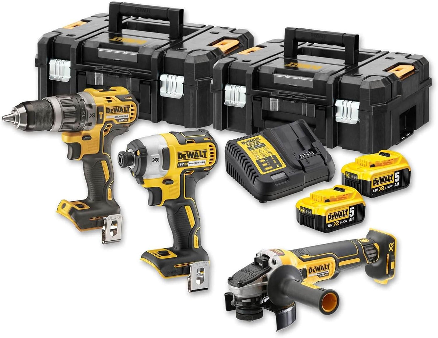 DeWALT DCK384P2T Akku-Kombopack 18V Schlagbohrschrauber Schlagschrauber Winkelschleifer 2x5Ah Koffer TSTAK